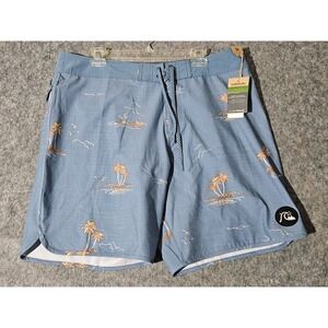 Quiksilver SurfSilk Scallop 19 Blue Boardshort Size 36 BMN7 Palm Tree Mountain